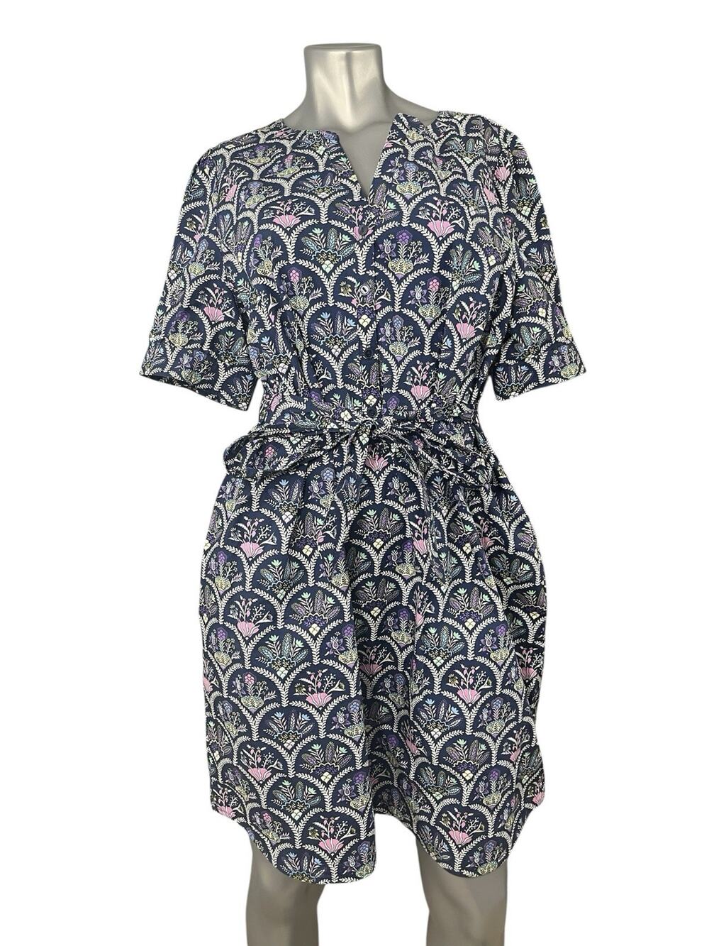 Talbots Modern Poplin Shirt Dress Scalloped Floral XL Blue All Over Print